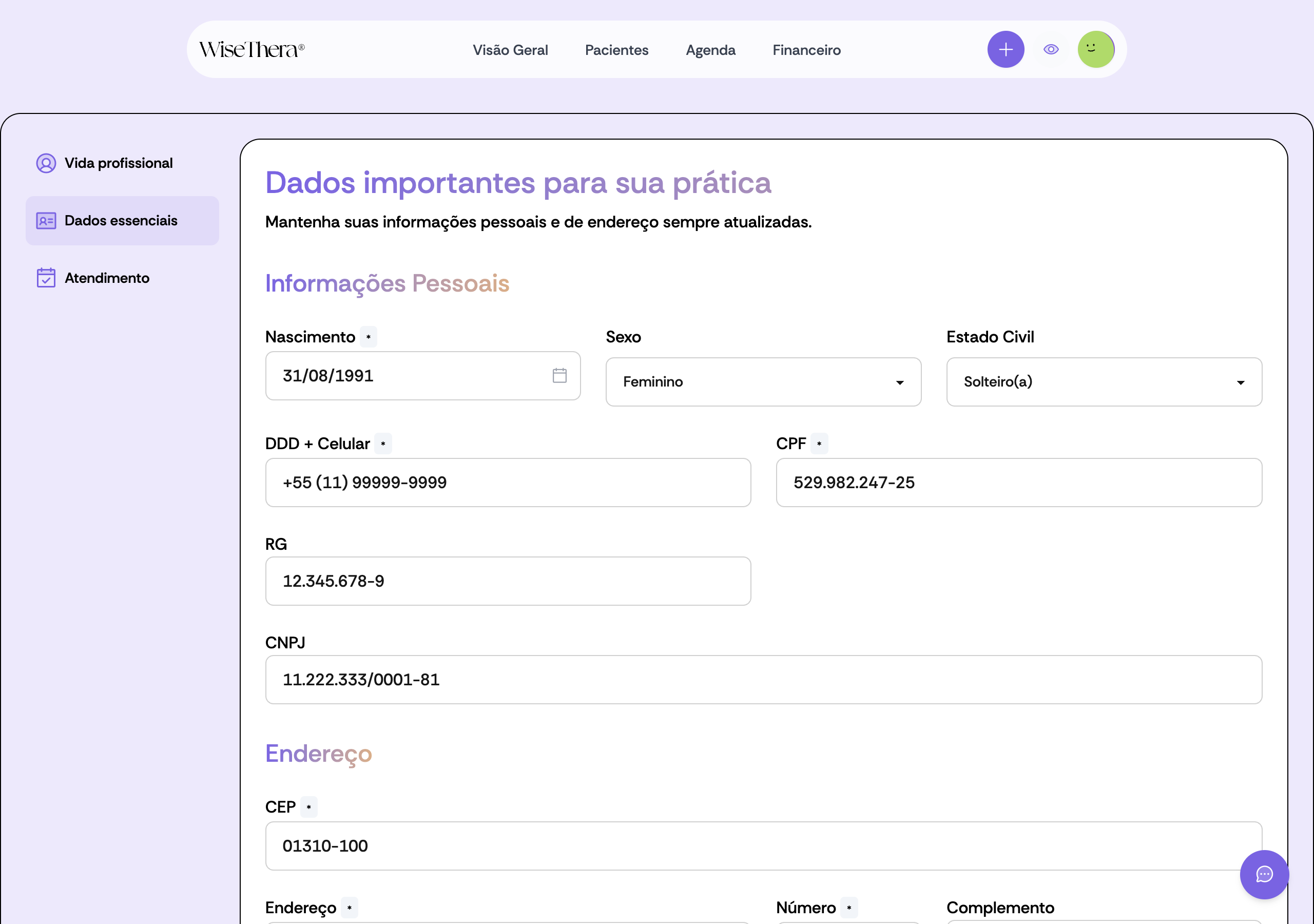 Tela Dados importantes para sua prática com Informações Pessoais e Endereço