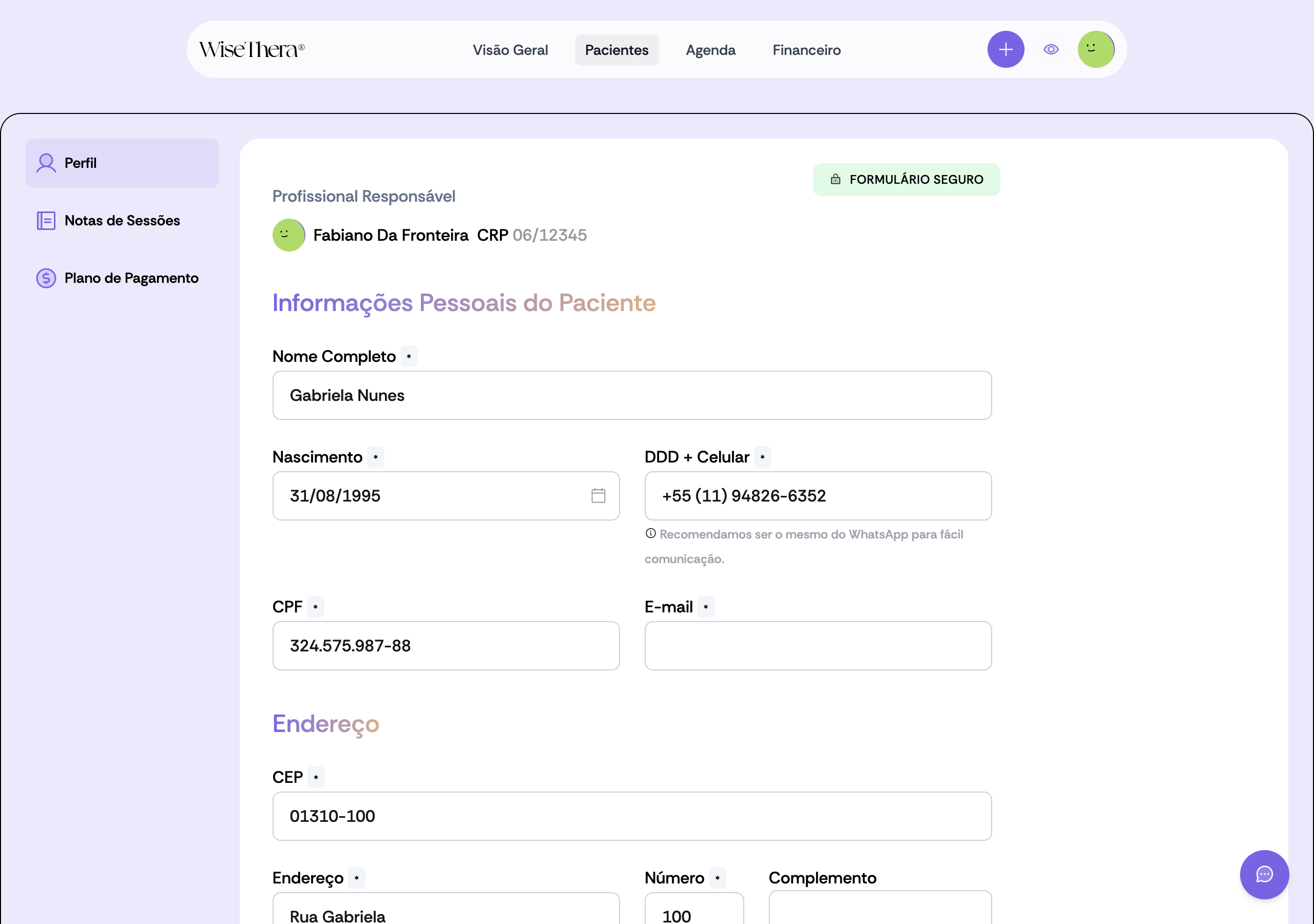 Formulário de edição de paciente com dados pessoais, endereço e contatos de emergência