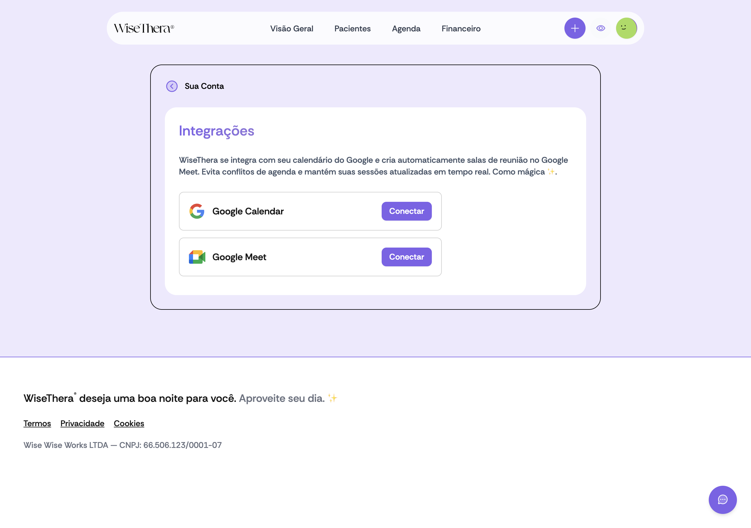 Tela de Integrações com os blocos Google Calendar e Google Meet, cada um com seu botão Conectar