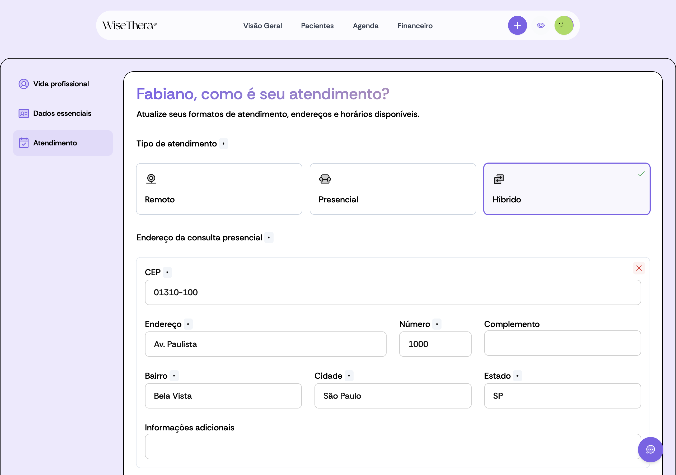 Tela de preferências de atendimento com tipo de atendimento, endereço presencial e horários disponíveis por dia da semana