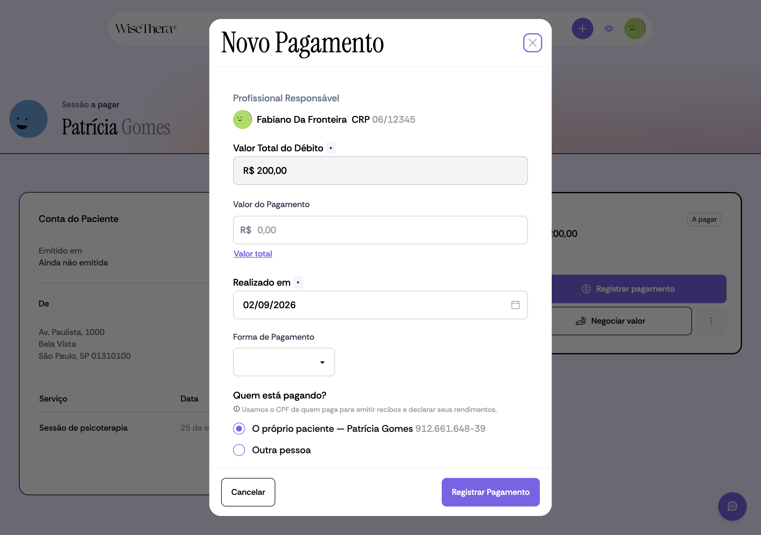 Formulário Novo Pagamento com valor do pagamento, data e forma de pagamento